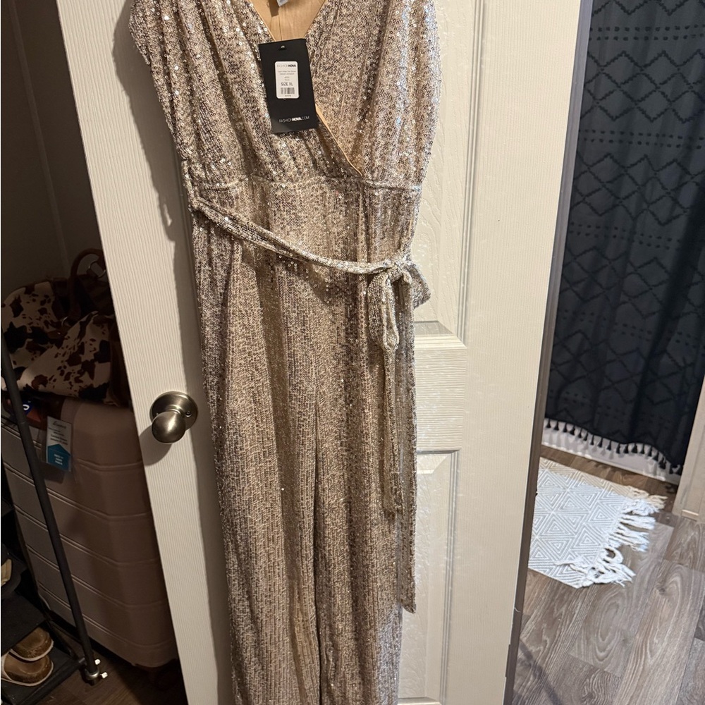 Fashion Nova Silver Glam Jumpsuit with Tie Waist